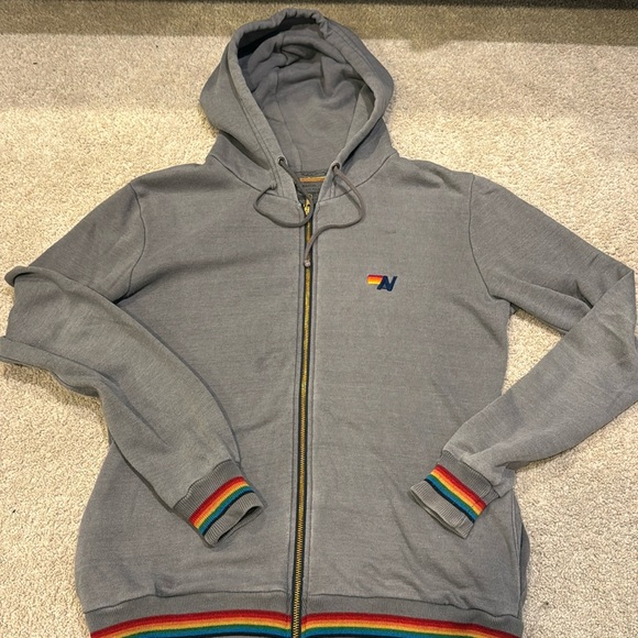 RARE Aviator Nation Grey zip up Hoodie with rainbow trim M - Picture 1 of 5
